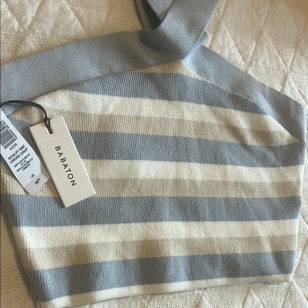Aritzia Babaton Sculpt Knit Criss Cross Cropped Tank Birch/ Cement Blue NWT - Picture 8 of 11